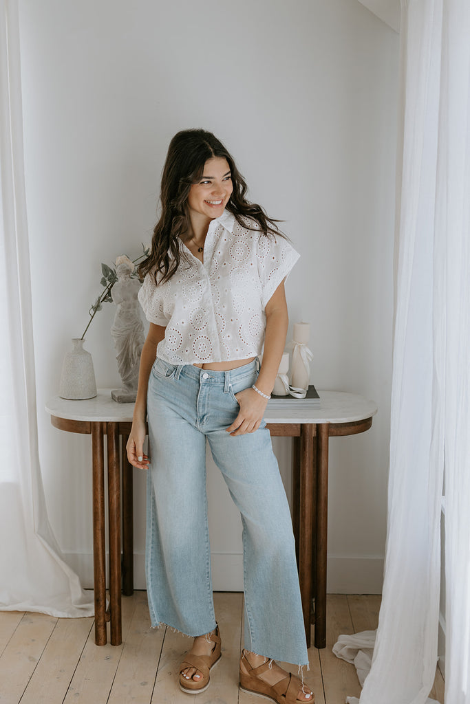 White Eyelet Button Up