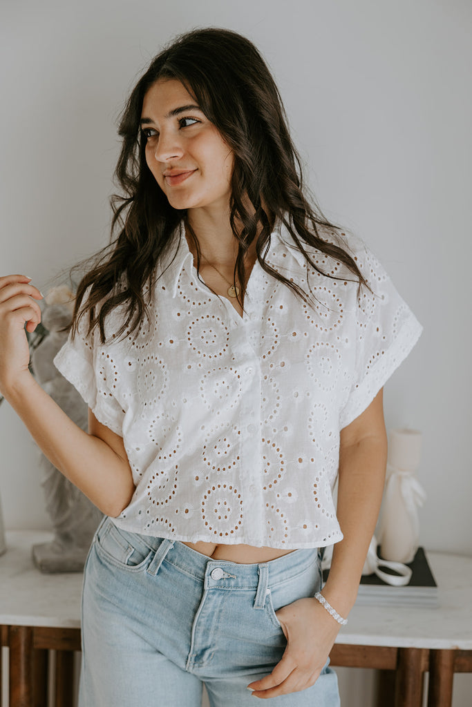 White Eyelet Button Up