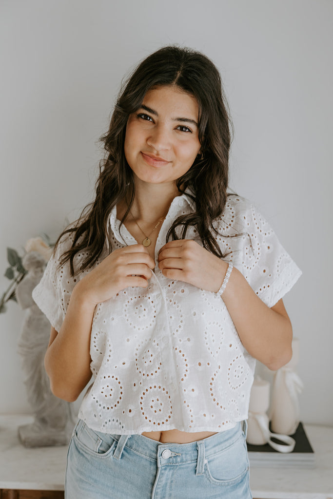 White Eyelet Button Up