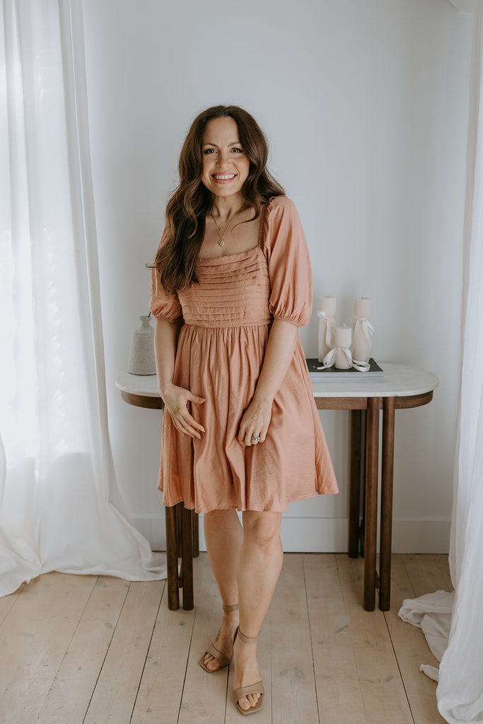 Pleated Detail Puff Sleeve Midi - Dusty Peach