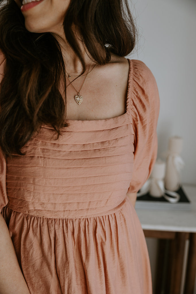 Pleated Detail Puff Sleeve Midi - Dusty Peach