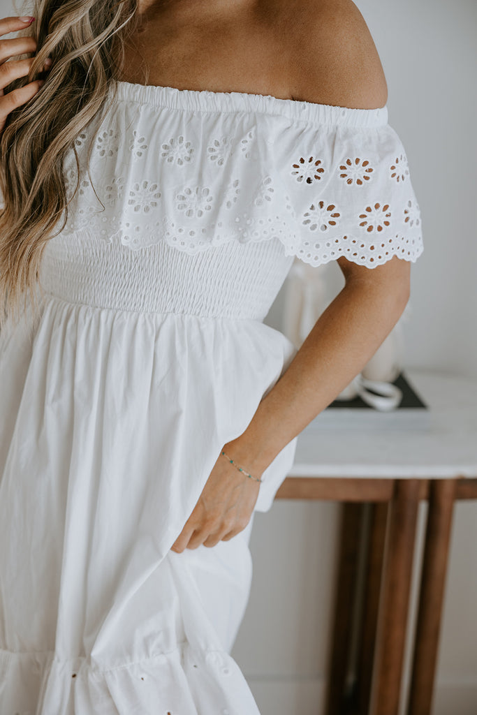 Off Shoulder Dress with Eyelet Details - White