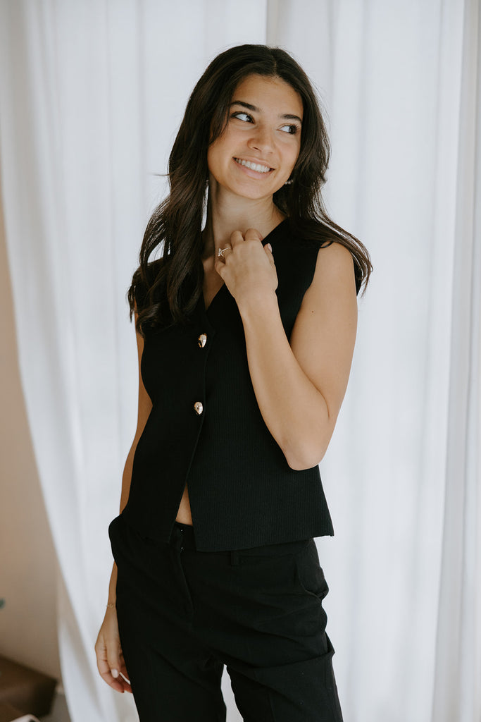 Gold Button Knit Vest - Black