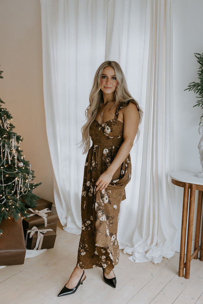 Jacquard Floral Midi Dress - Bronze