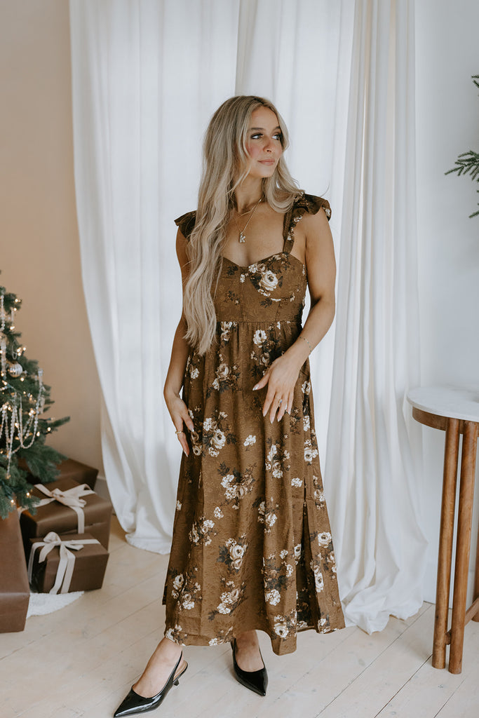 Jacquard Floral Midi Dress - Bronze