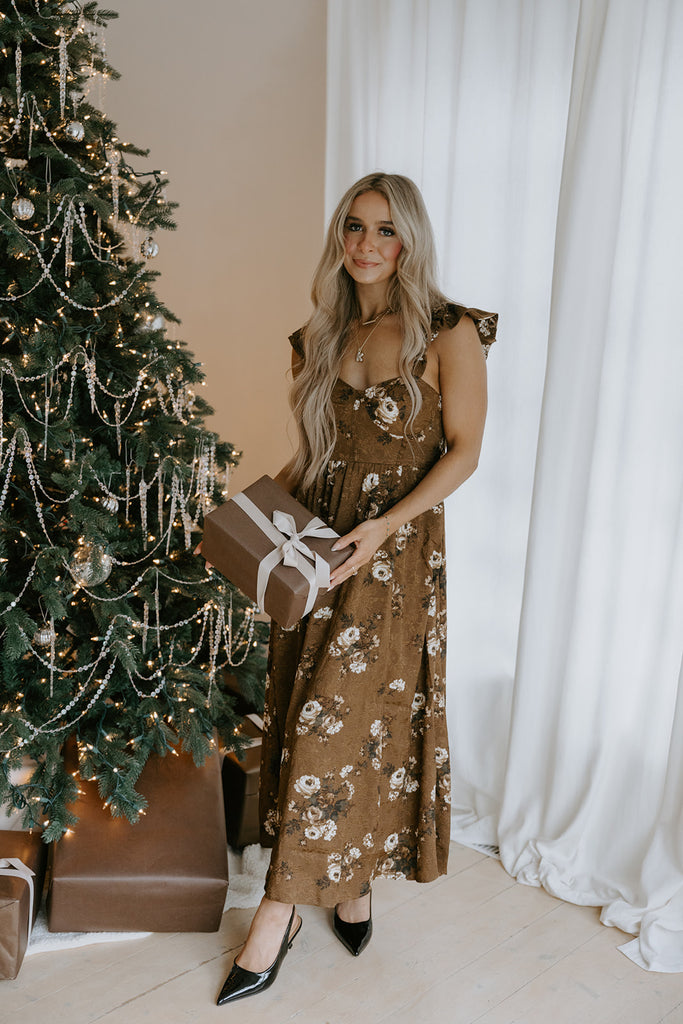 Jacquard Floral Midi Dress - Bronze