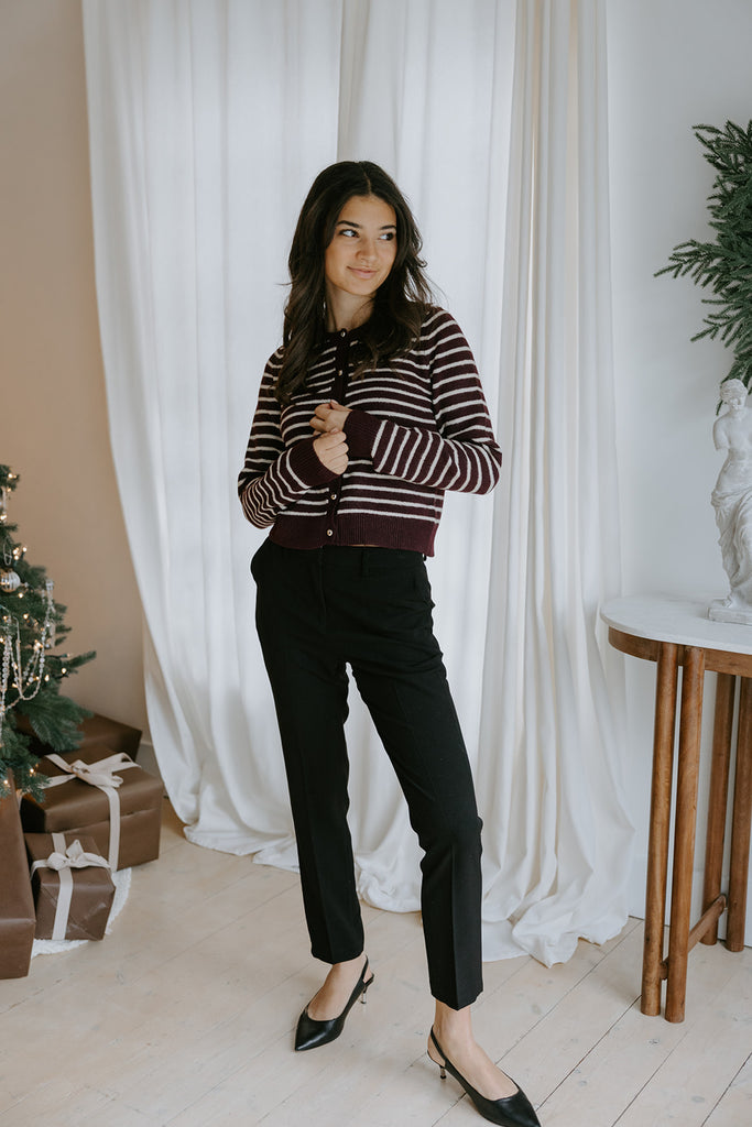 Gold Button Striped Cardi - Merlot
