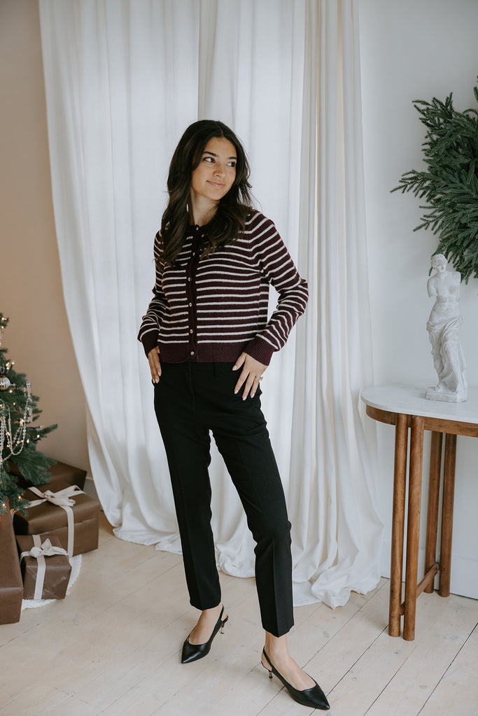 Golden Button Striped Cardigan - Merlot