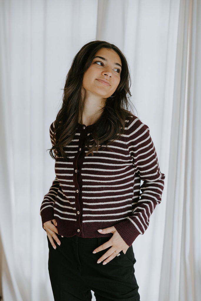 Golden Button Striped Cardigan - Merlot