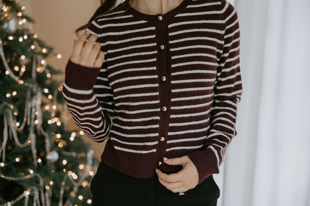 Gold Button Striped Cardi - Merlot