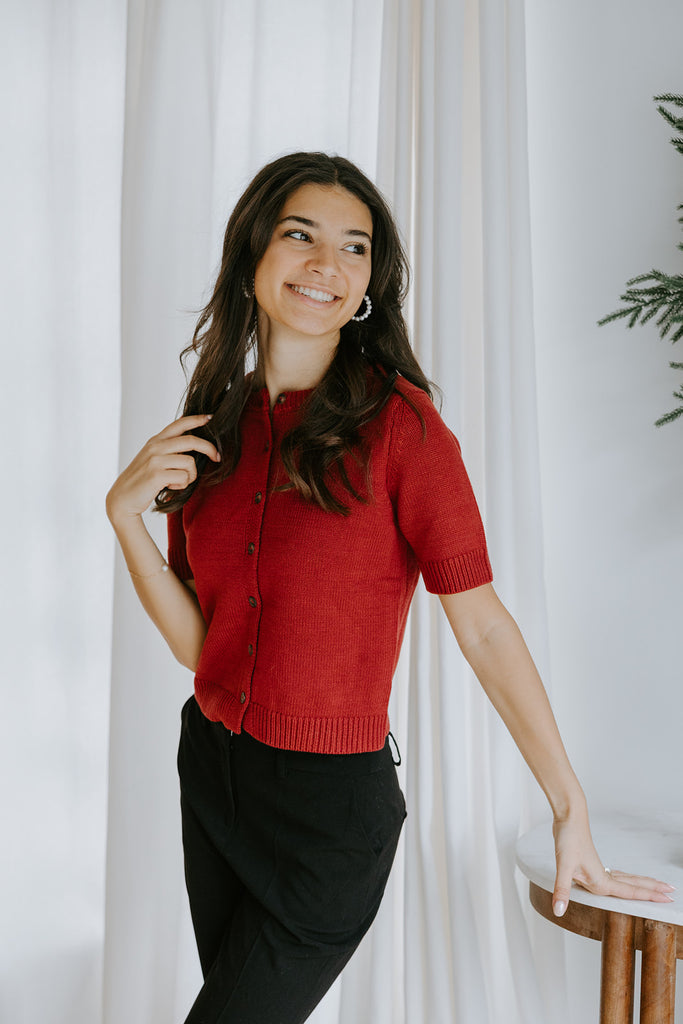 Short Sleeve Knit Cardigan - Wine