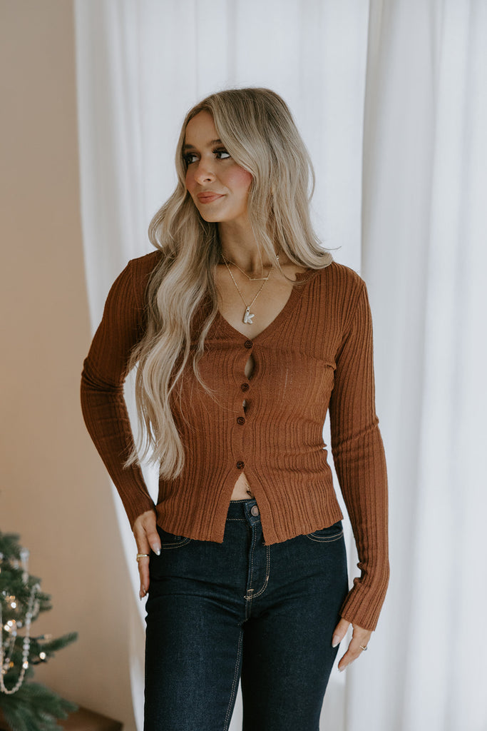 Lightweight Collared Button Knit - Chestnut