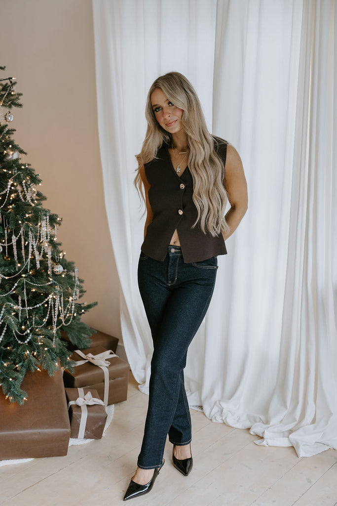 Gold Button Knit Vest - Brown