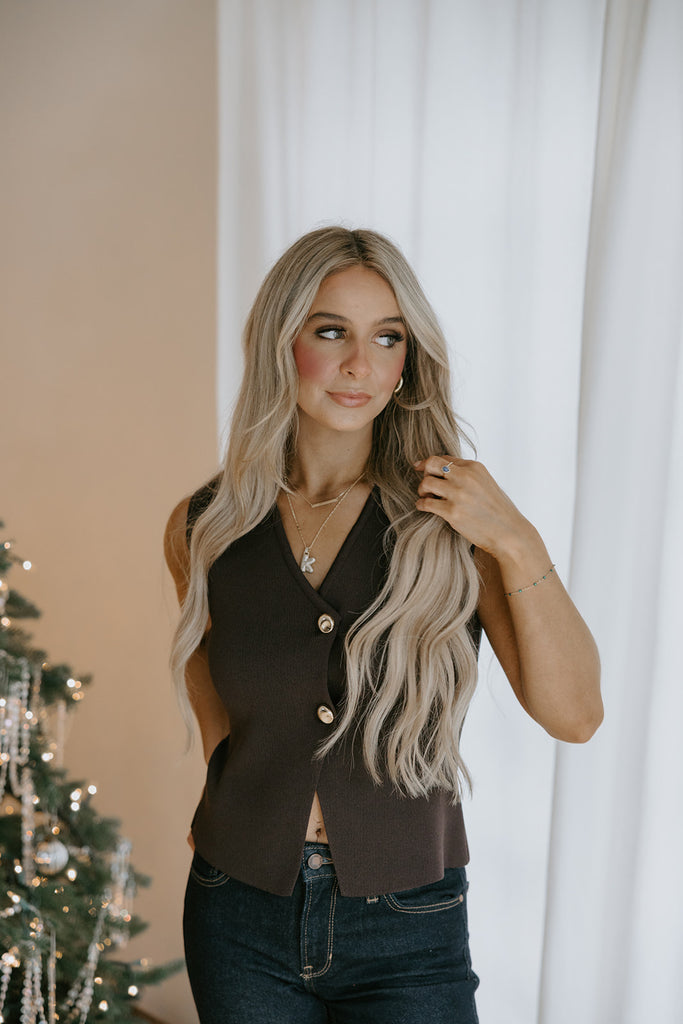 Gold Button Knit Vest - Brown
