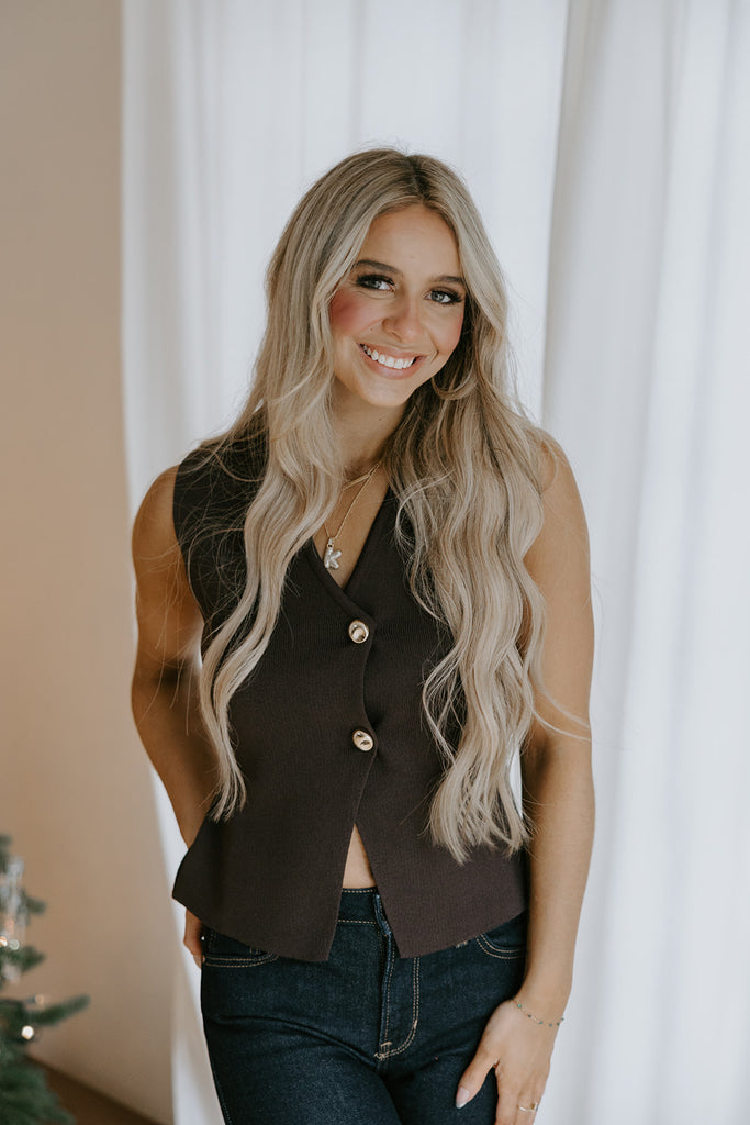 Gold Button Knit Vest - Brown