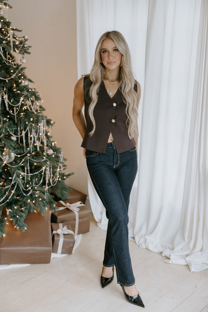 Gold Button Knit Vest - Brown