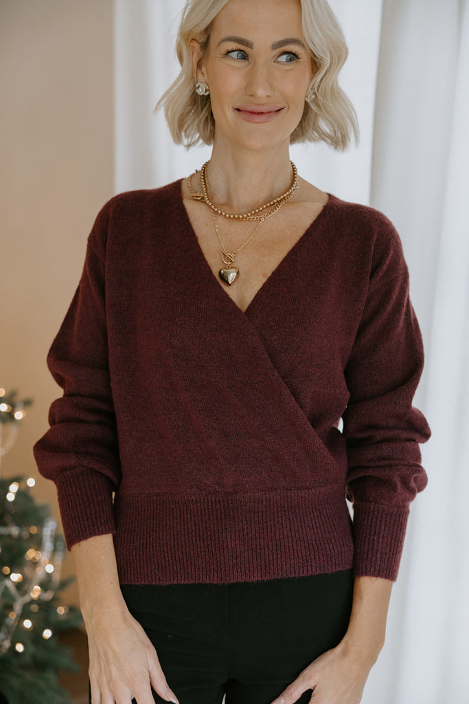 Faux Wrap Sweater - Dark Cherry