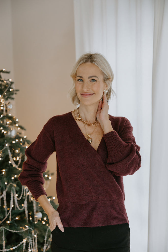 Faux Wrap Sweater - Dark Cherry