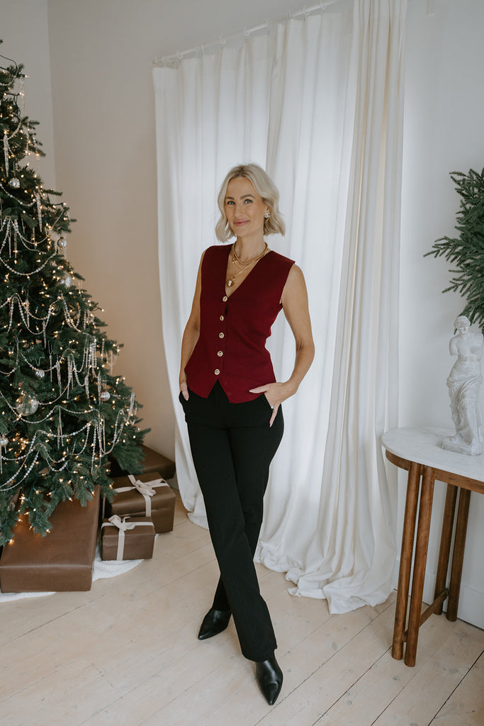 Sleeveless Knit Vest With Gold Buttons - Merlot