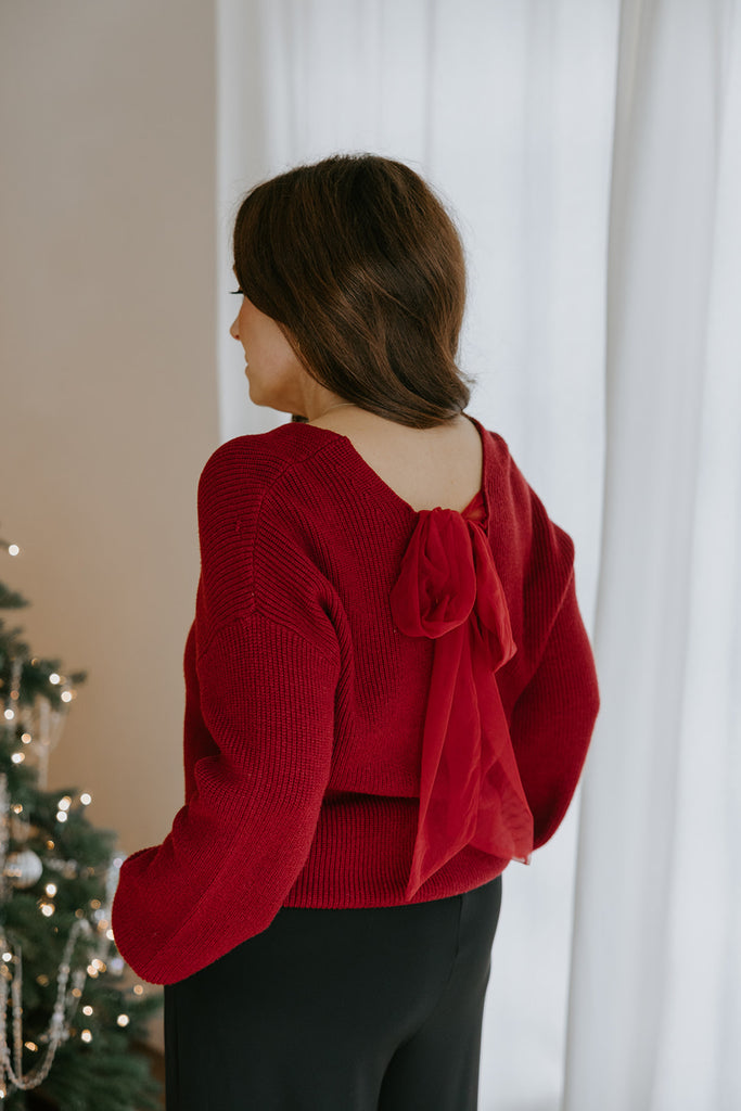 Back Bow V-Neck Sweater - Burgundy