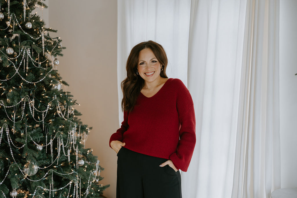 Back Bow V-Neck Sweater - Burgundy