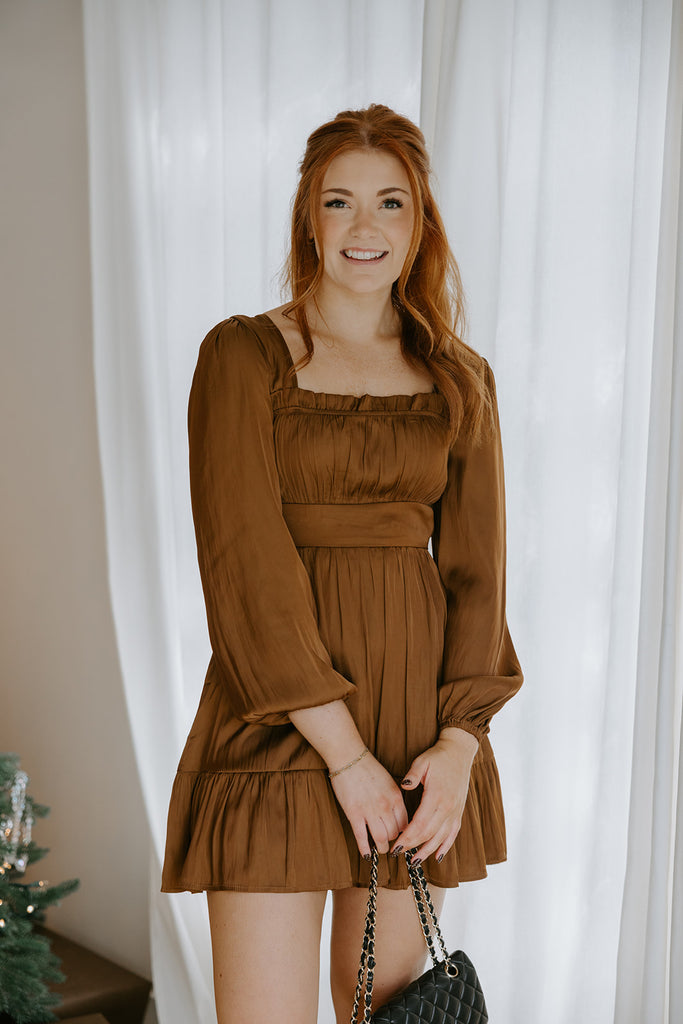 Square Neck Dress With Smocking - Copper