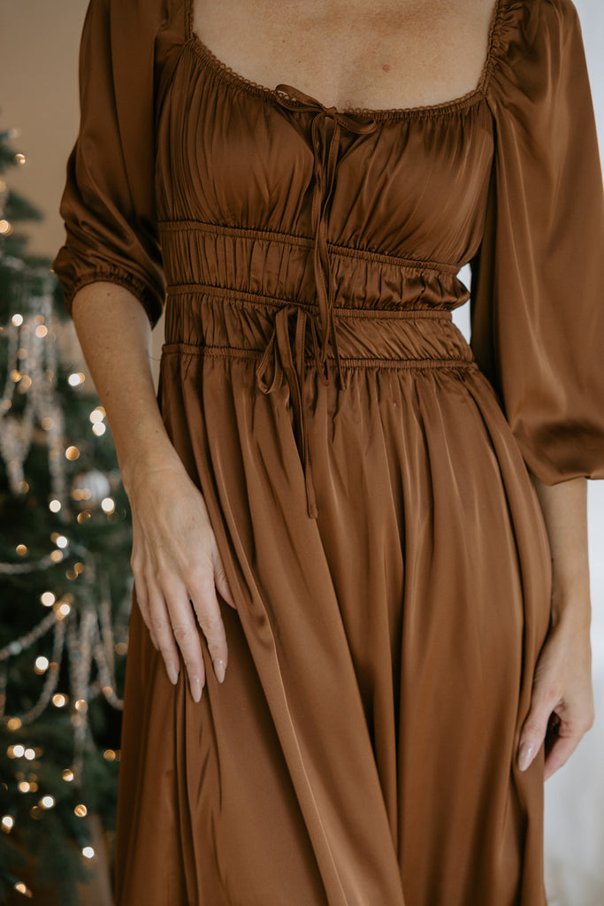 Satin Midi Dress With Bow Details - Brown