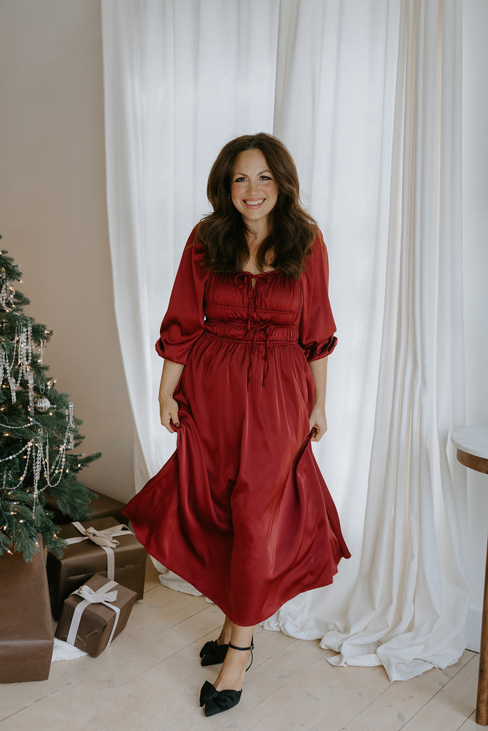 Satin Midi Dress with Bow Details - Wine