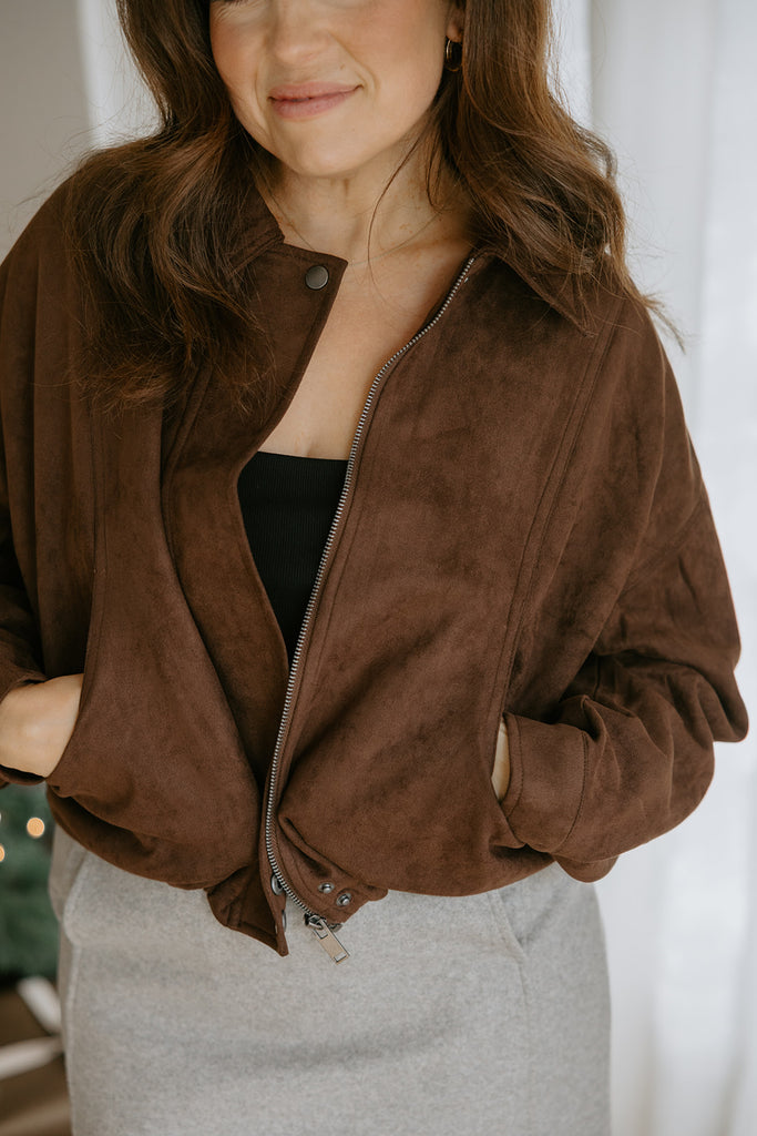 Faux Suede Bomber Jacket - Chocolate