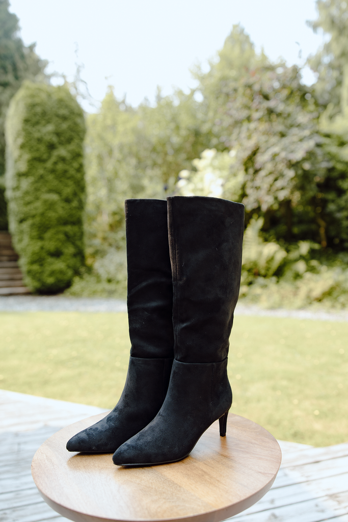 Faux Suede Kitten Heel Boot - Black