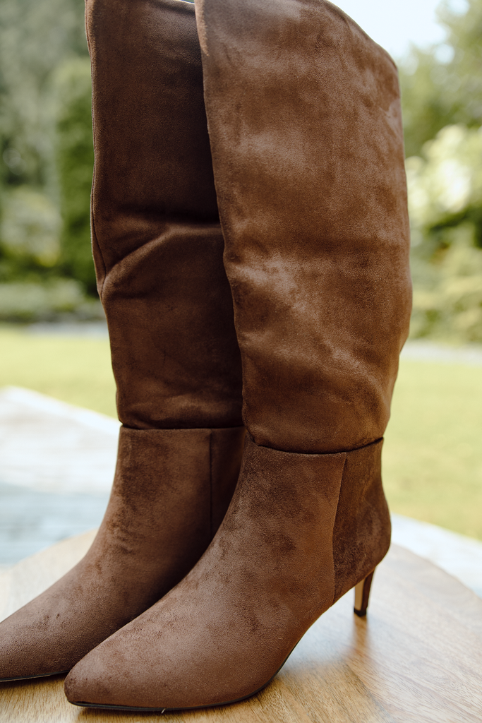 Faux Suede Kitten Heel Boot - Brown