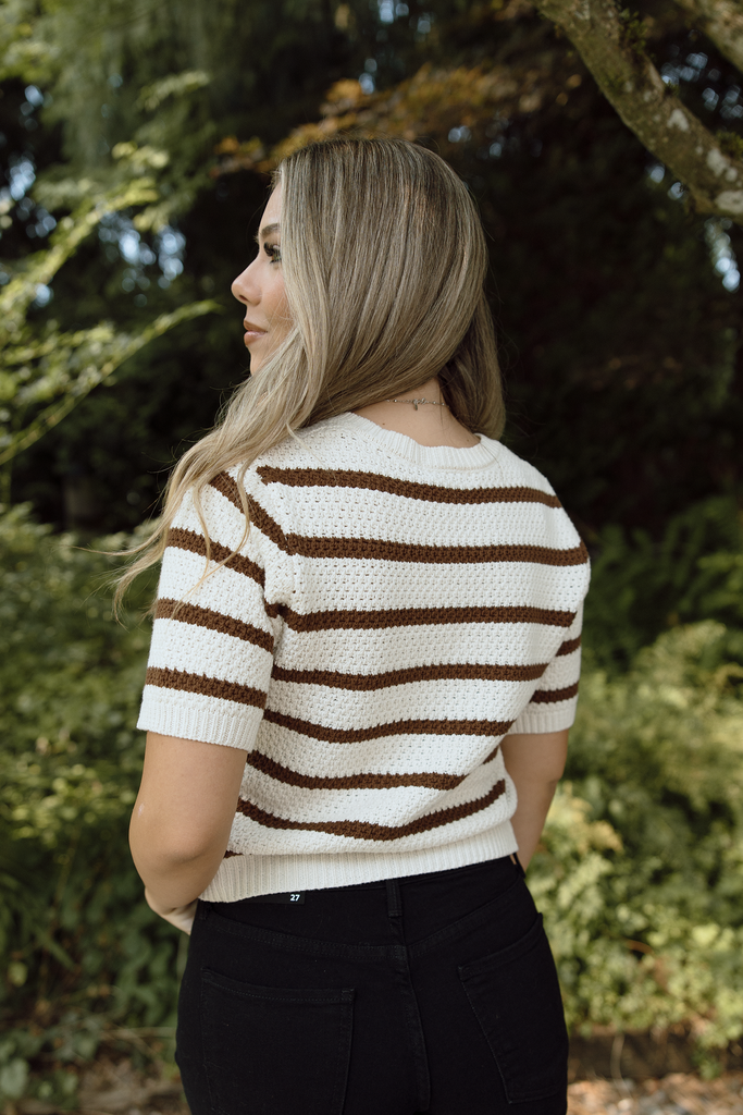Striped Knit Short Sleeve Cardi - Mocha