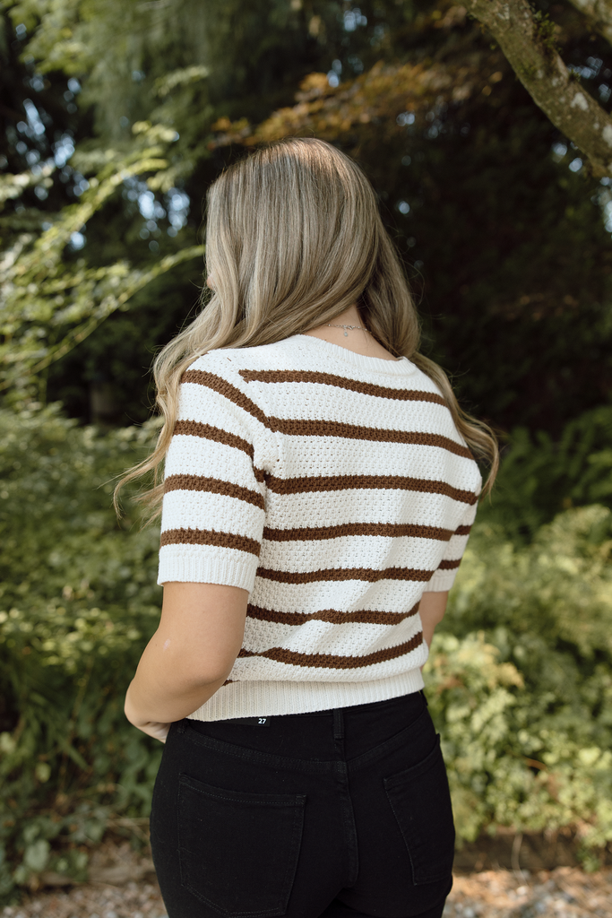 Striped Knit Short Sleeve Cardi - Mocha