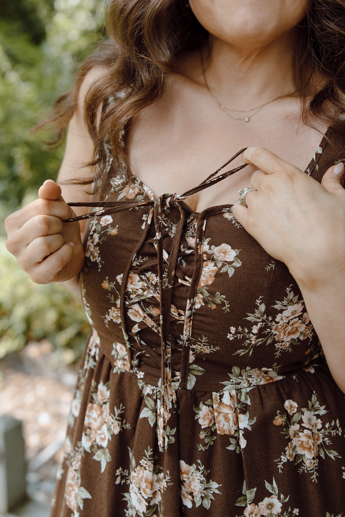 Floral Midi Dress with Front Ties - Brown