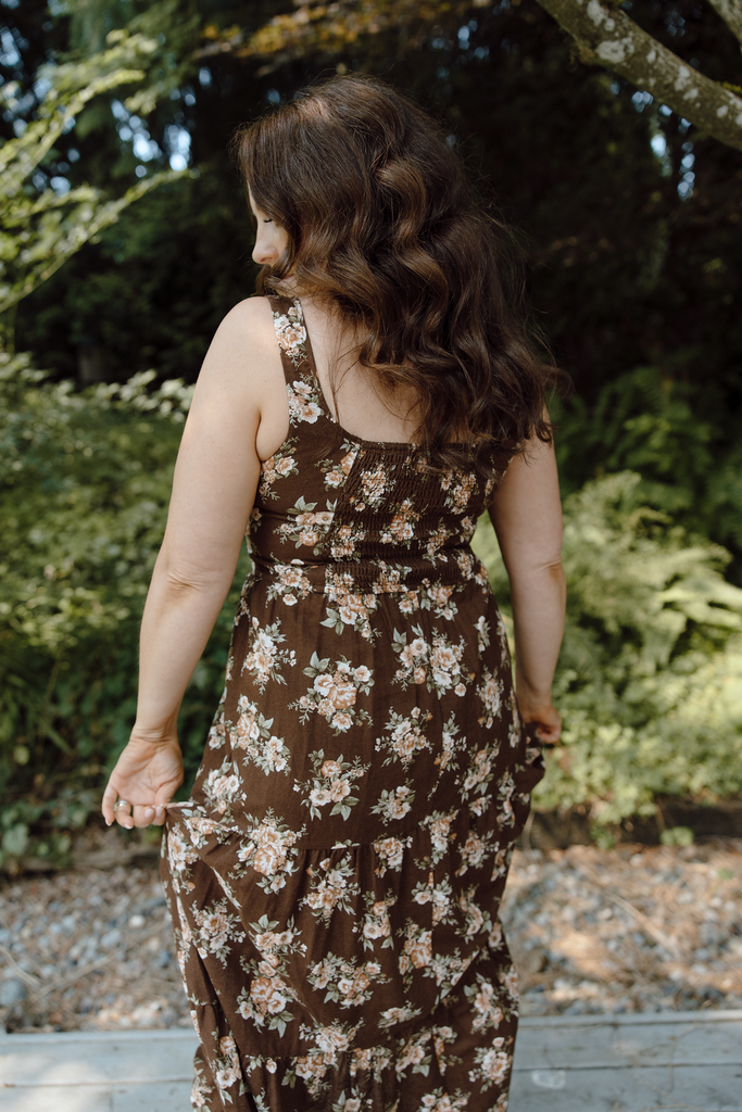 Floral Midi Dress with Front Ties - Brown