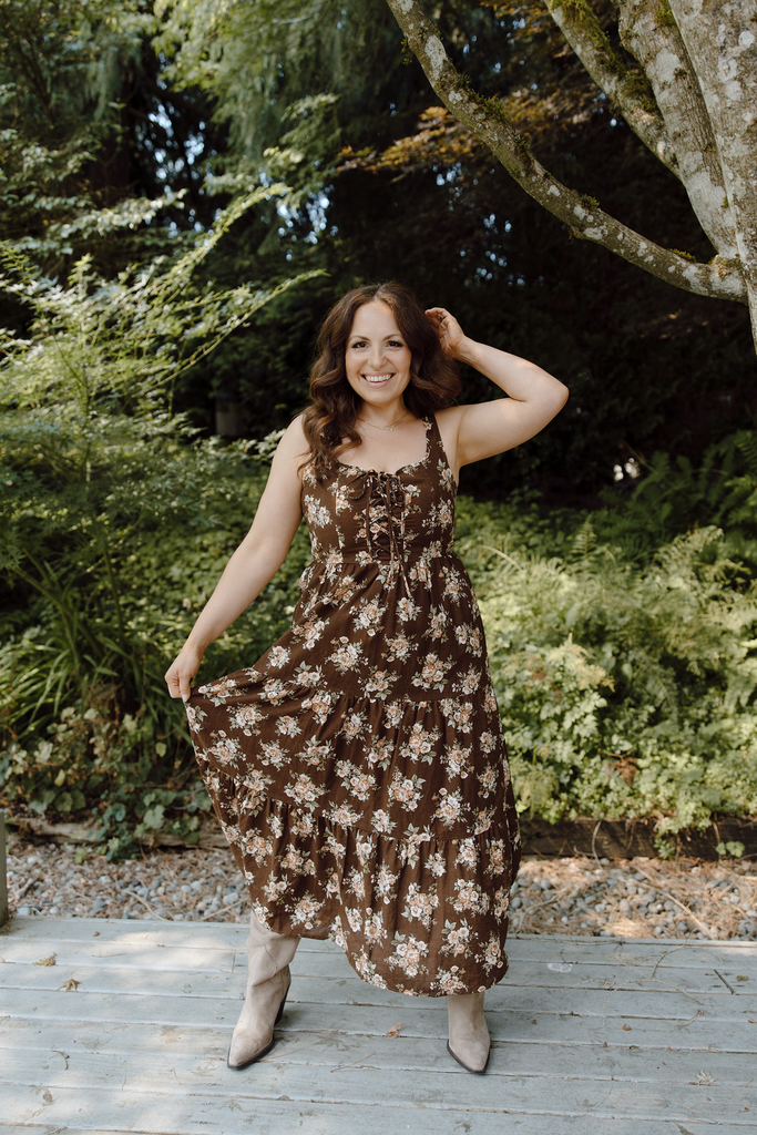 Floral Midi Dress with Front Ties - Brown