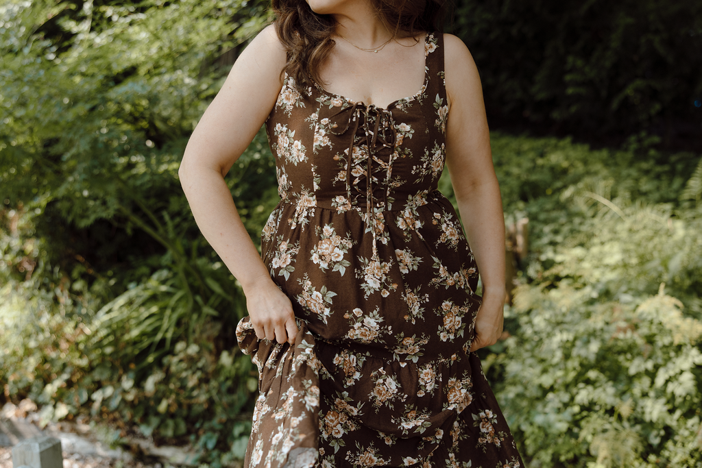 Floral Midi Dress with Front Ties - Brown