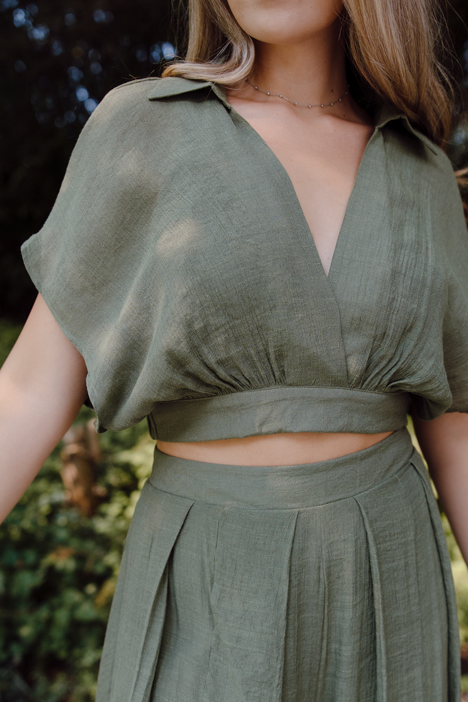 Drape Top with Flowy Pant Set - Olive