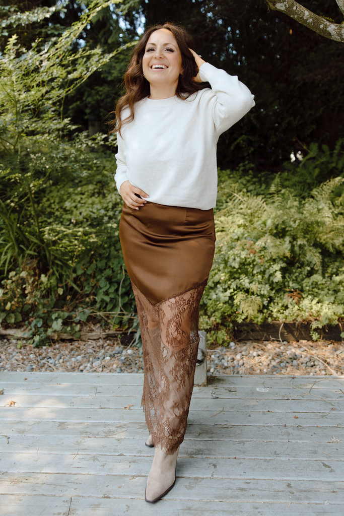 Asymmetrical Lace Trim Skirt - Brown