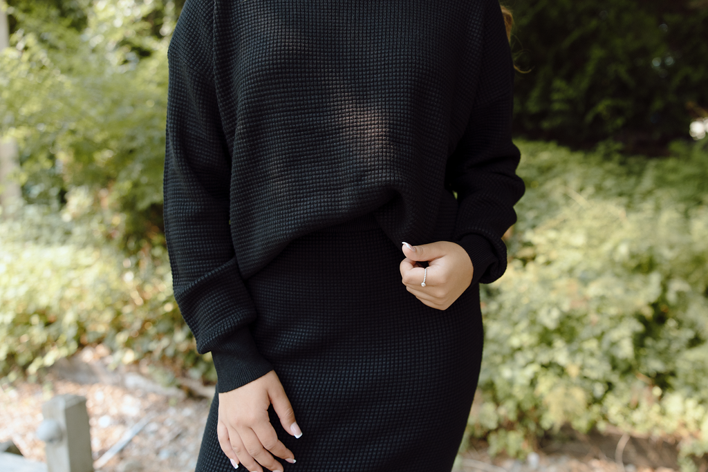 Waffle Sweater & Skirt Set - Black