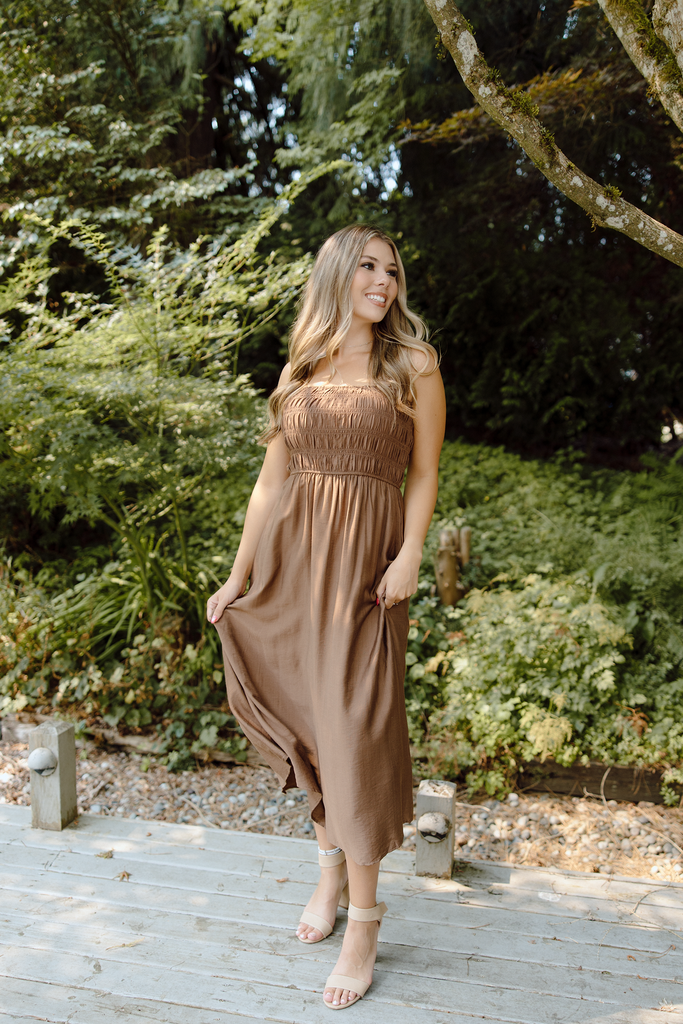 Smocked Thin Strap Midi - Brown