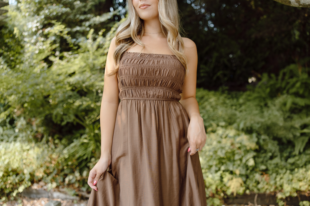 Smocked Thin Strap Midi - Brown