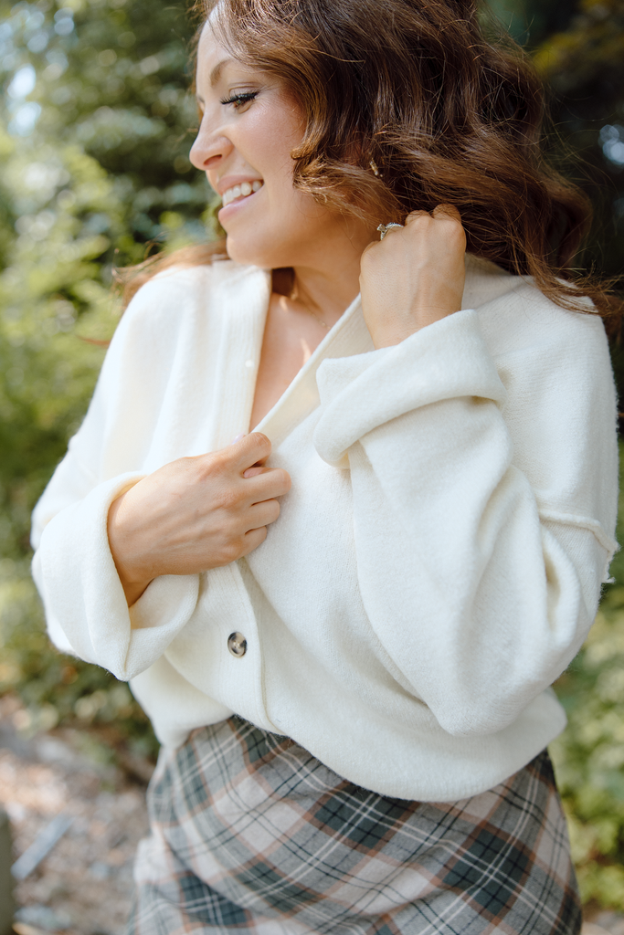 Button Up Cardigan with Exposed Seam - Cream