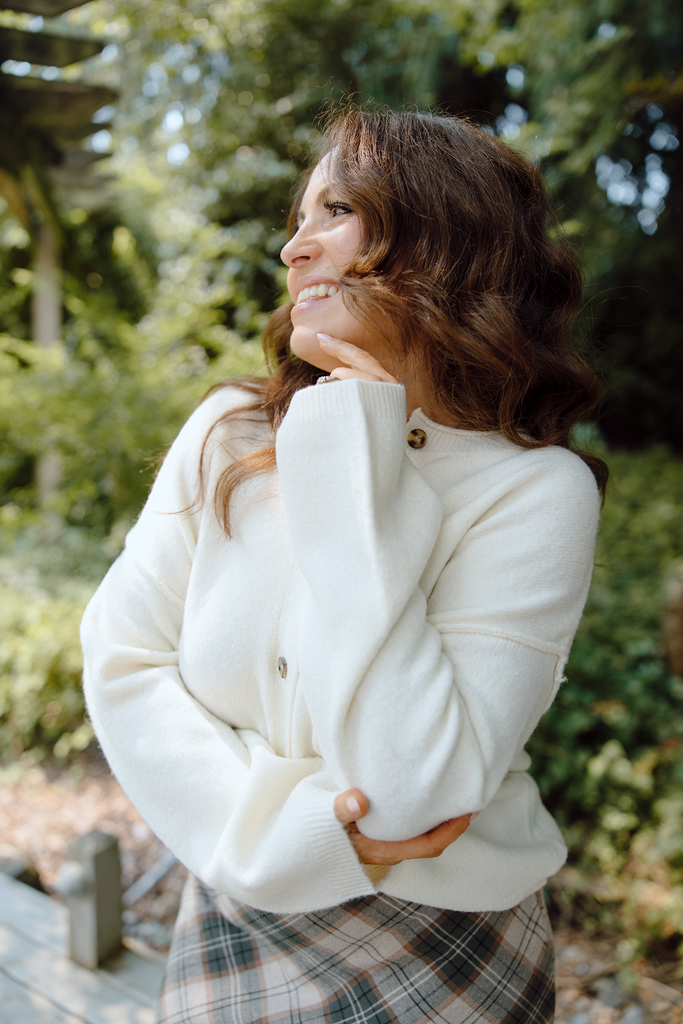 Button Up Cardigan with Exposed Seam - Cream