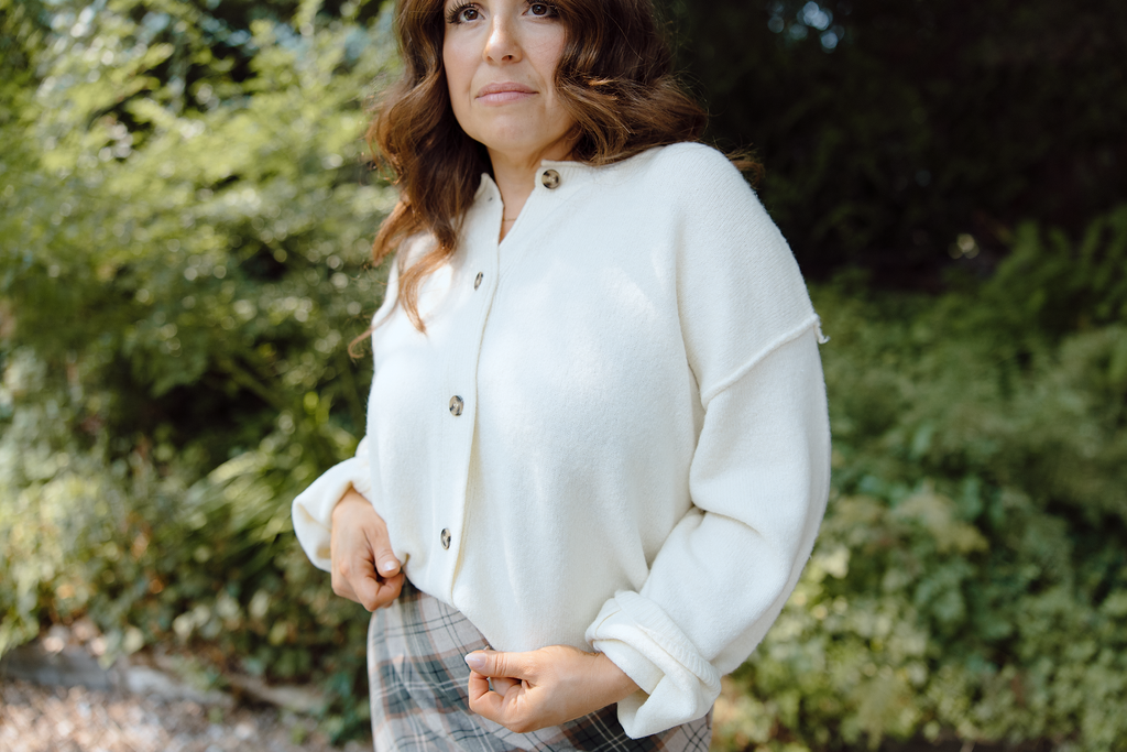 Button Up Cardigan with Exposed Seam - Cream