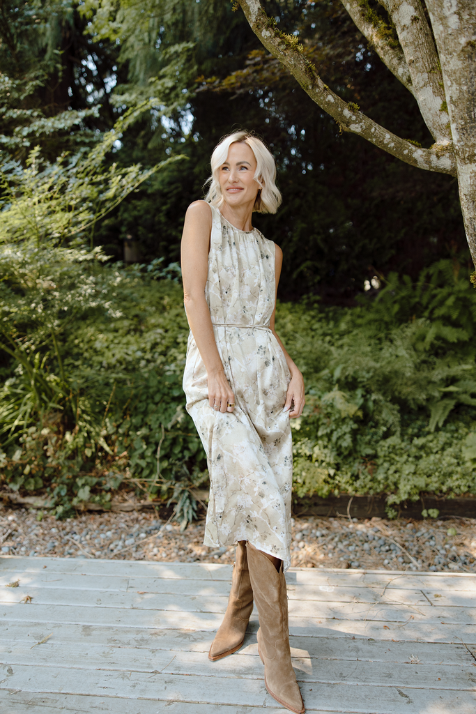Floral Satin Sleeve Midi Dress - Olive