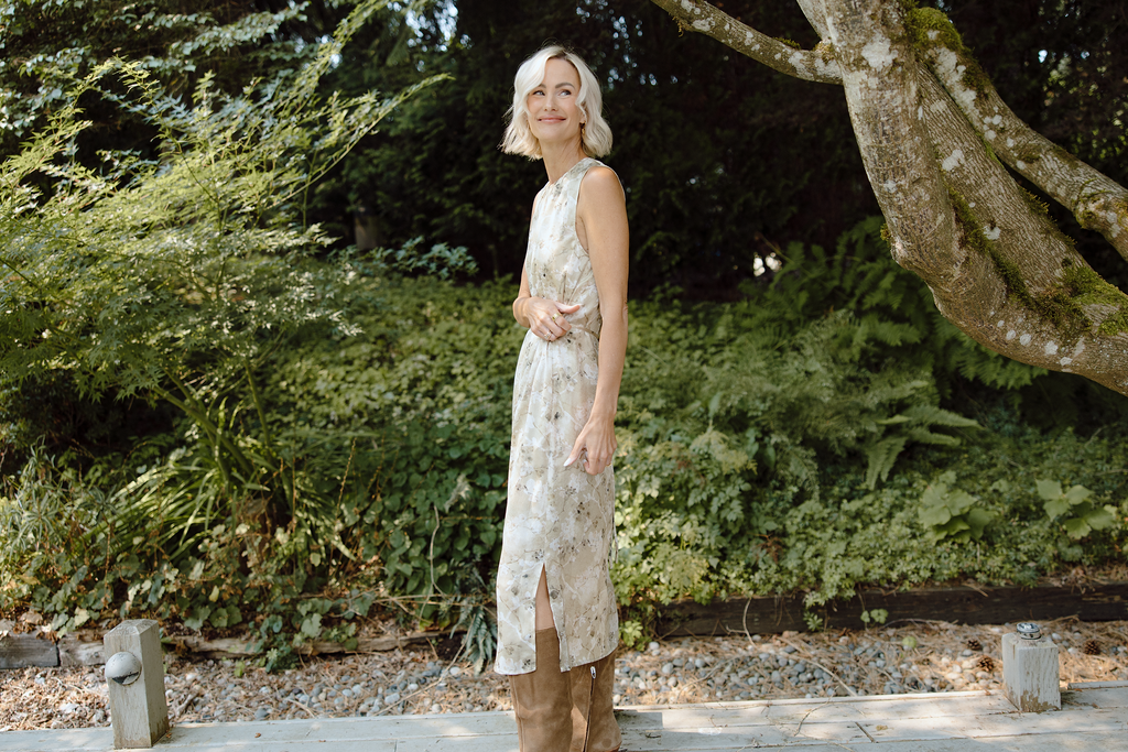 Floral Satin Sleeve Midi Dress - Olive
