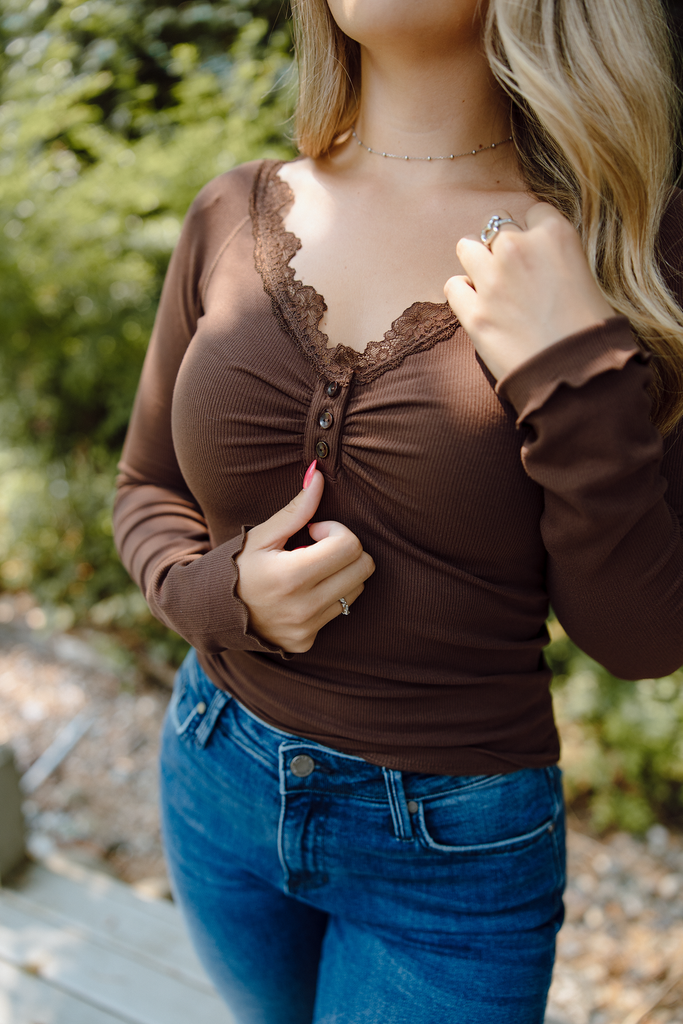 Lace Trim Henley - Brown