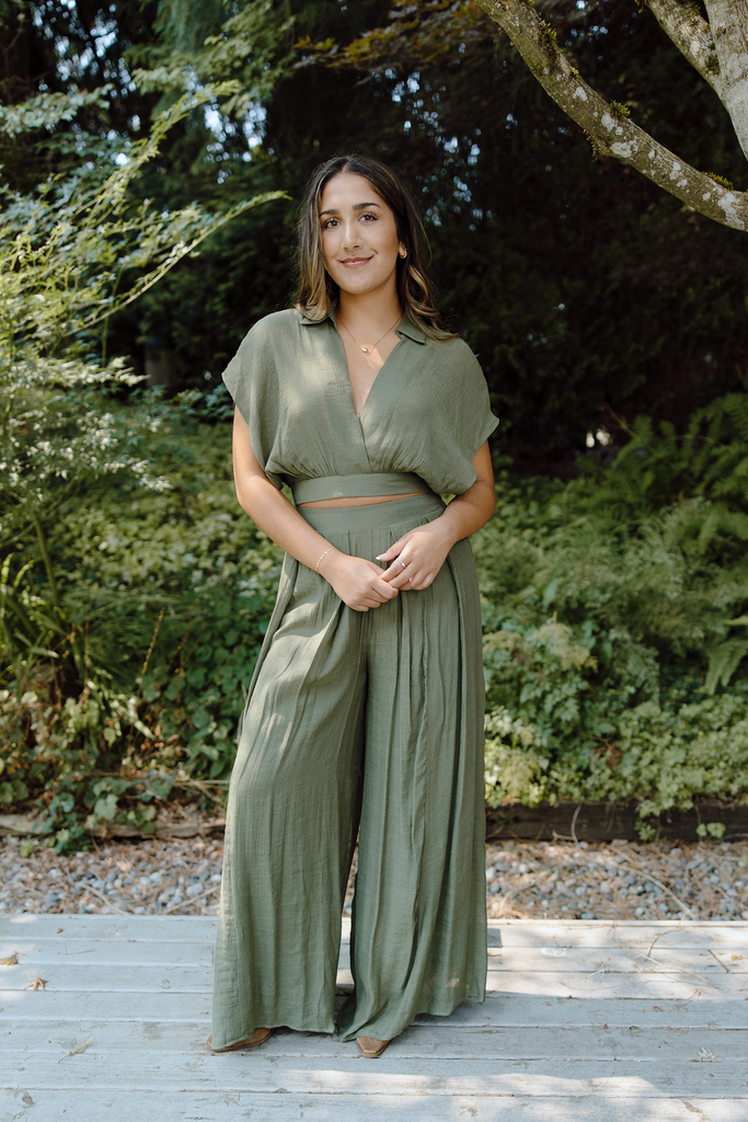 Drape Top with Flowy Pant Set - Olive