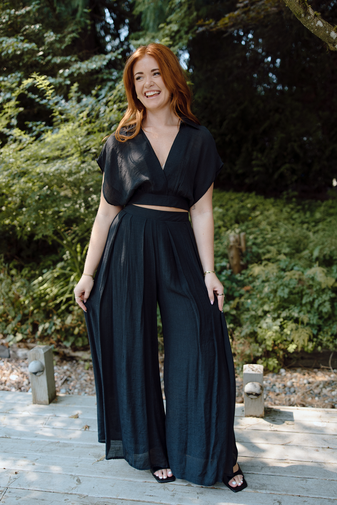 Drape Top with Flowy Pant Set - Black